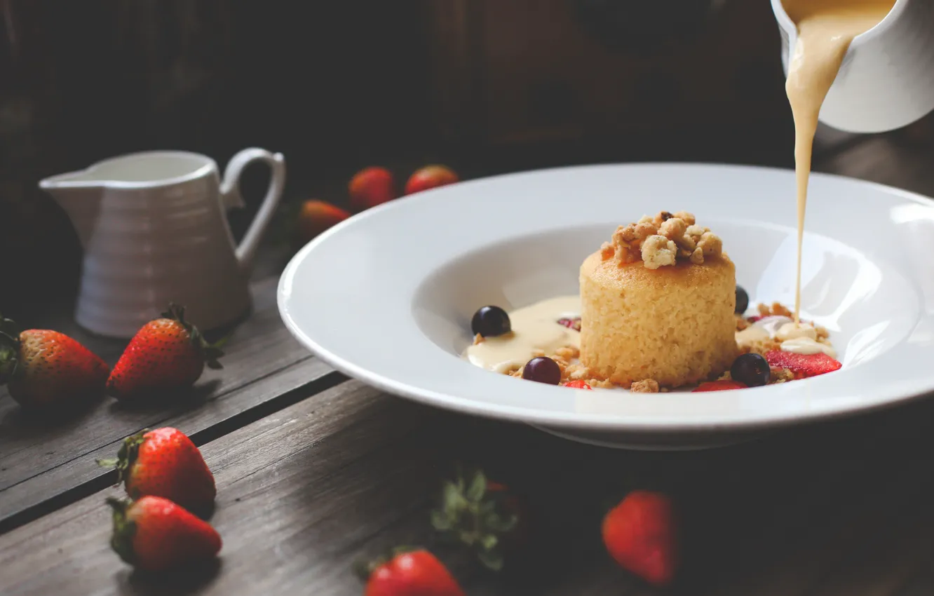 Photo wallpaper strawberry, cake, dessert, cakes, sweet, biscuit, condensed milk