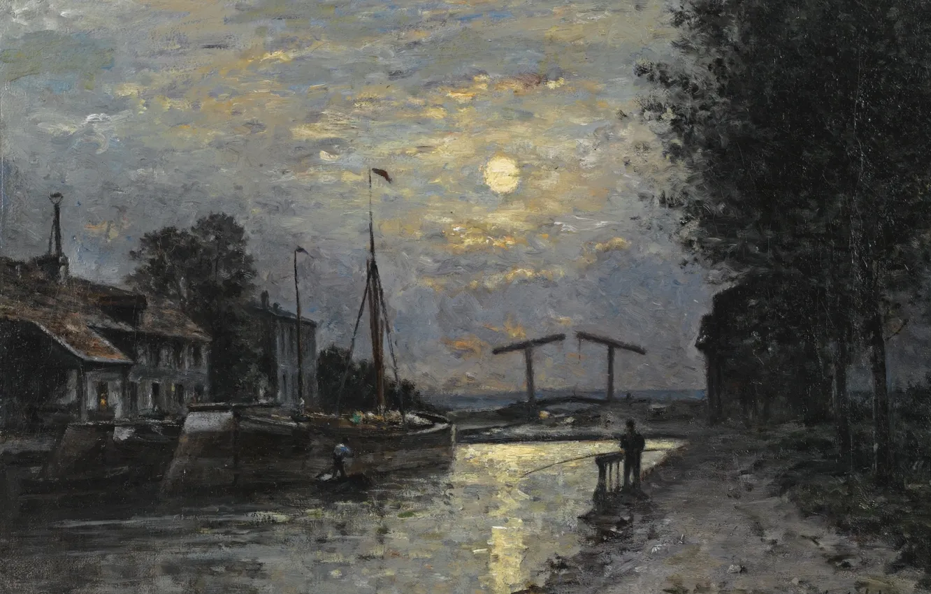 Photo wallpaper landscape, night, picture, Stanislas Lepine, Stanislas Lépine, 1876-79, The Canal Saint-Denis. The lunar effect