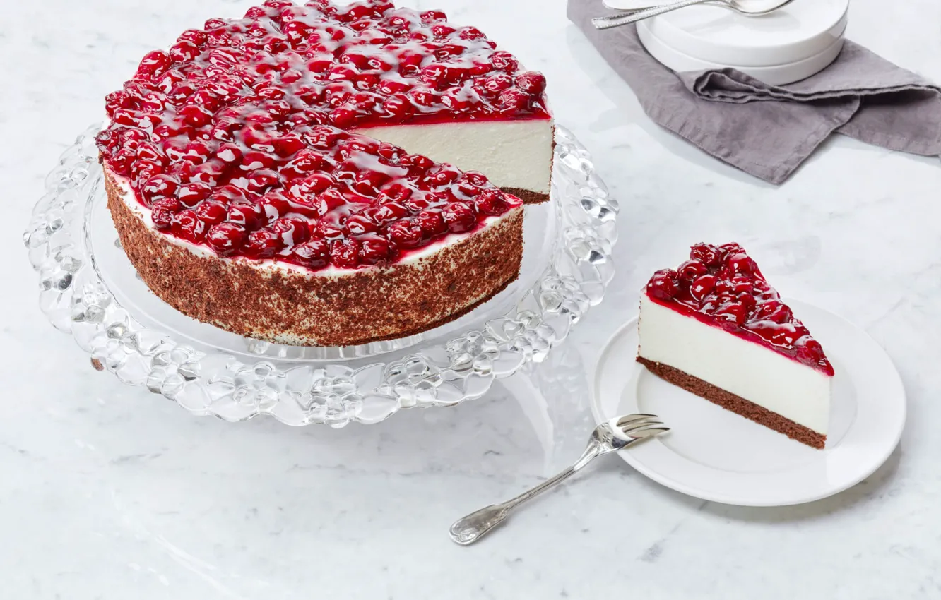 Photo wallpaper cherry, cake, piece, cheesecake