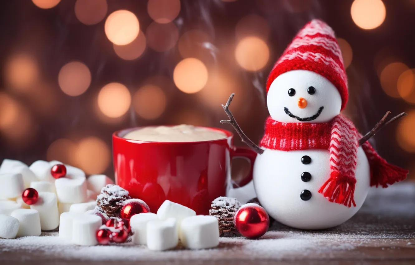 Photo wallpaper winter, snow, new year, Christmas, snowman, Christmas, balls, winter