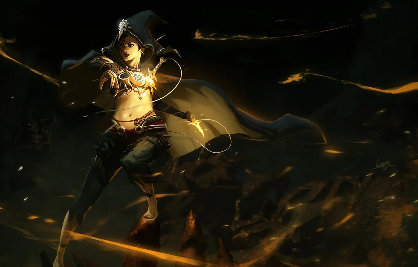 Photo wallpaper girl, rocks, magic, art, knife, hood