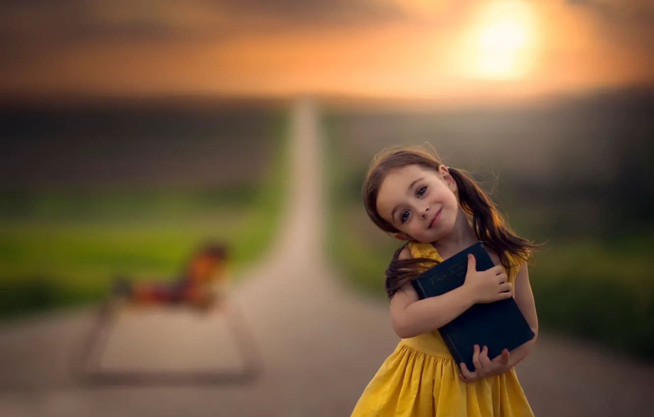 Photo wallpaper road, smile, girl, book, bokeh, horse
