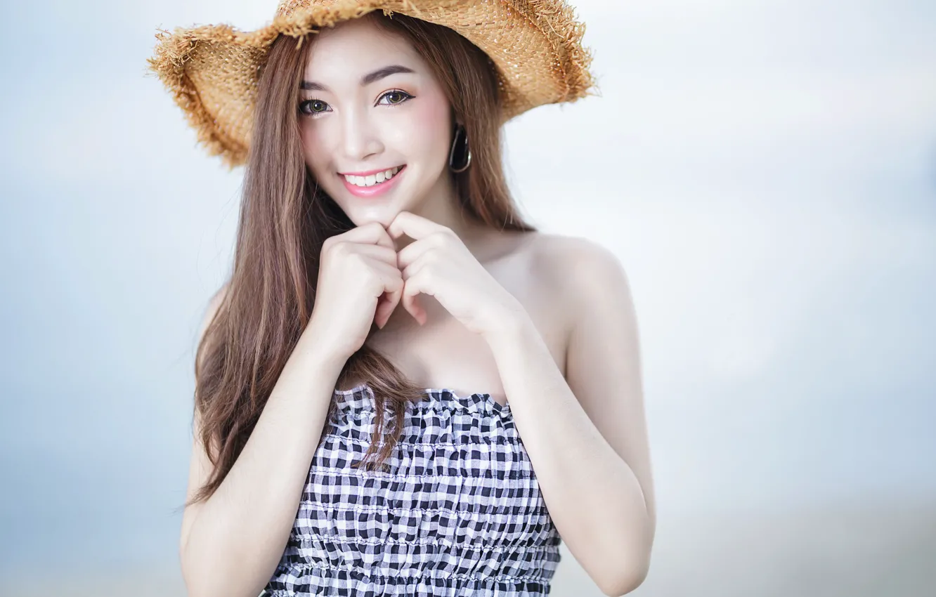 Photo wallpaper girl, smile, background, mood, hat, hands, Asian