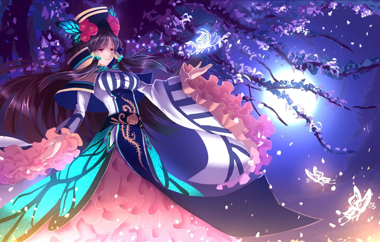 Photo wallpaper girl, flowers, night, dress, lady