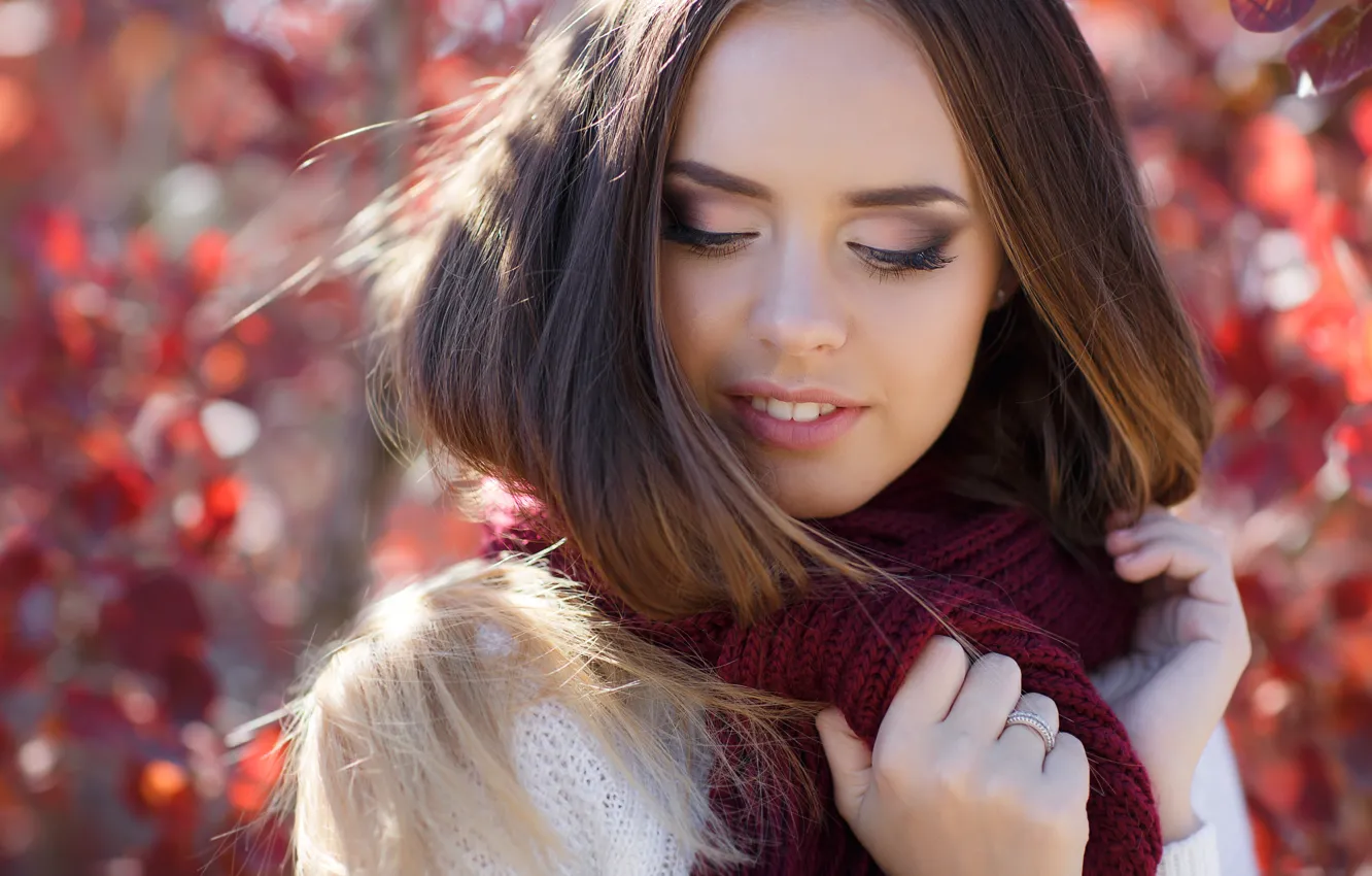 Photo wallpaper autumn, leaves, girl, portrait, long hair