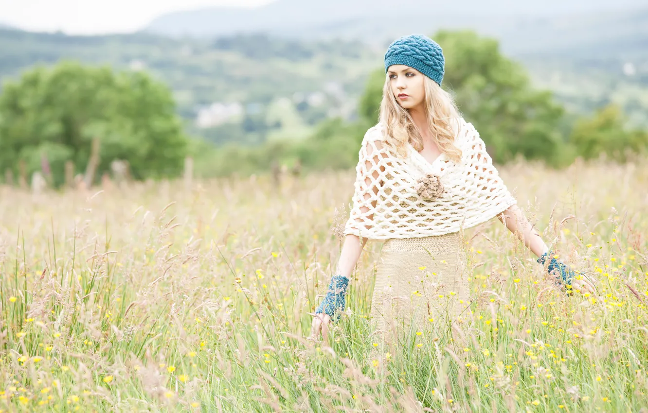 Photo wallpaper field, girl, dress, fashion, takes, knitted clothes