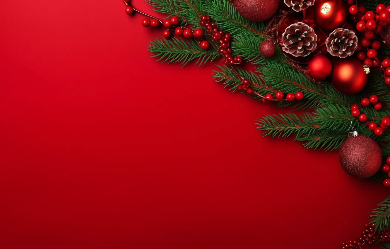Photo wallpaper balls, branches, red, new year, Christmas, needles, bumps, red background