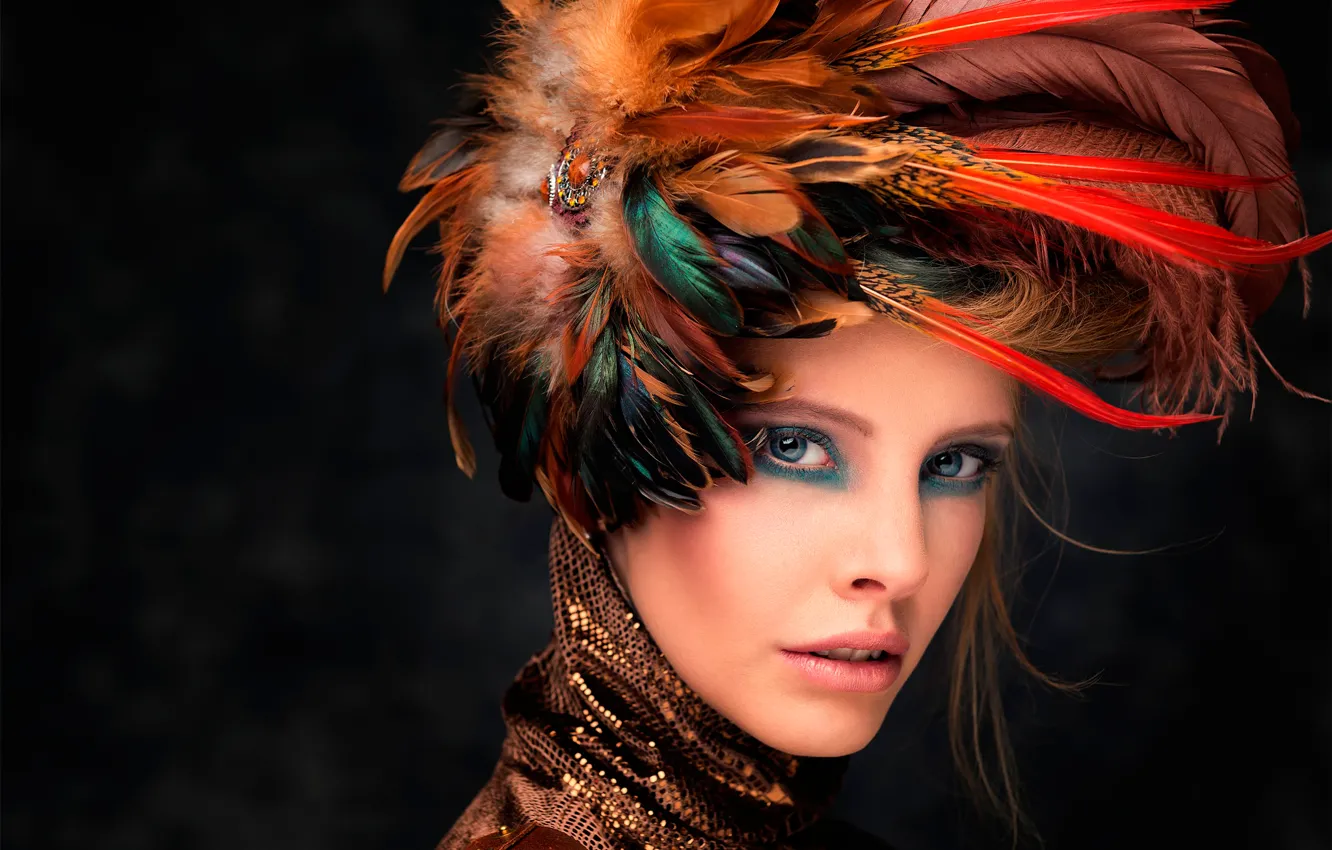 Photo wallpaper portrait, feathers, makeup, headdress, retouching, Jalee in the