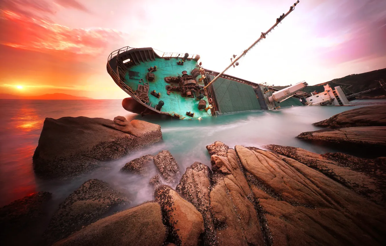 Photo wallpaper sea, rocks, dawn, ship, China, shipwreck, hongkong