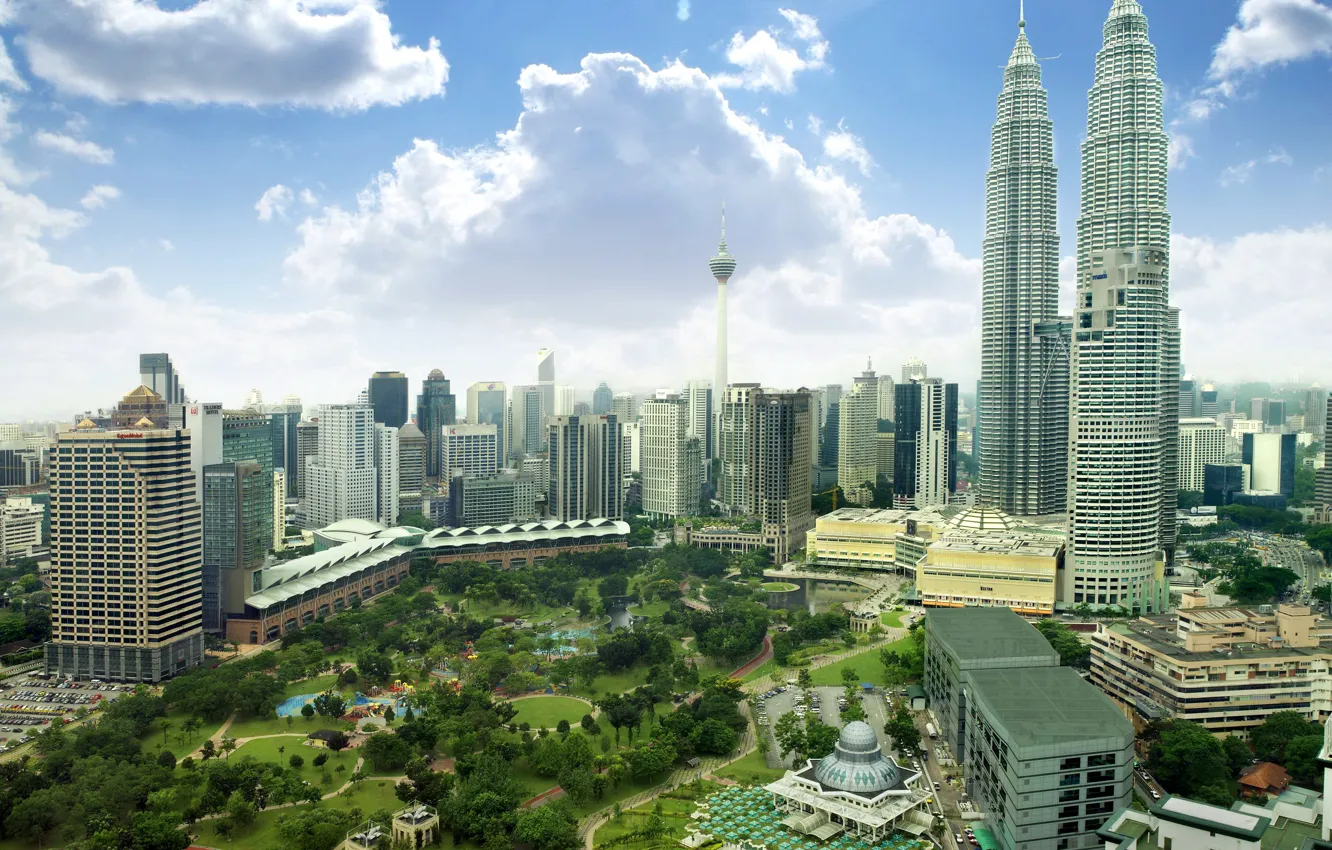 Photo wallpaper the sky, clouds, Park, home, skyscrapers, panorama, Malaysia, Kuala Lumpur
