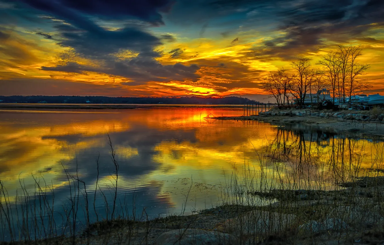Photo wallpaper the sky, clouds, trees, sunset, lake, house, the evening, glow
