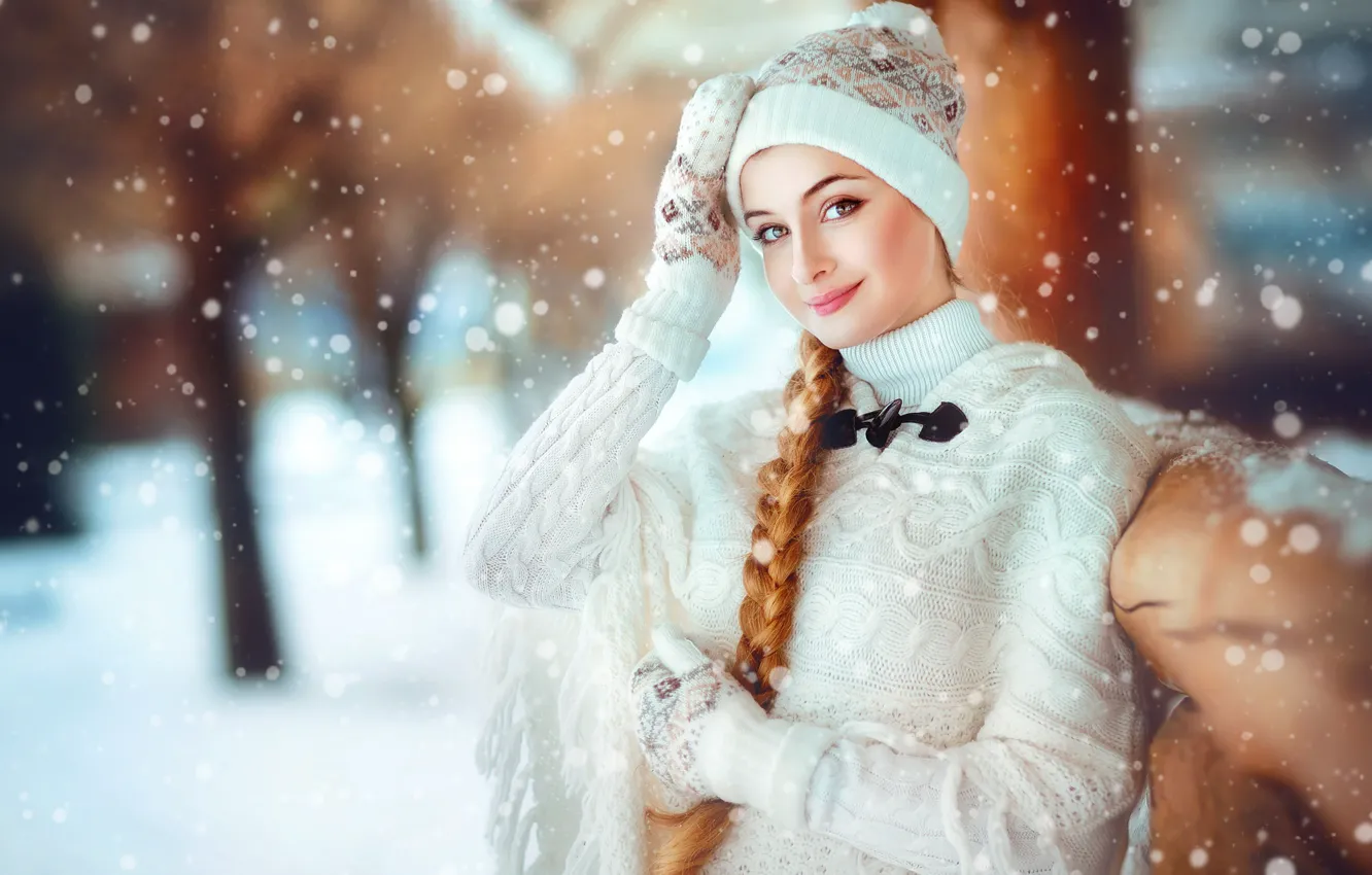Photo wallpaper look, girl, snow, sweetheart, braid, cap, mittens, sweater