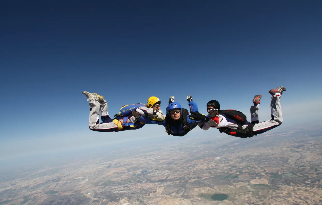 Photo wallpaper the sky, glasses, parachute, container, hats, skydivers, extreme sports, parachuting