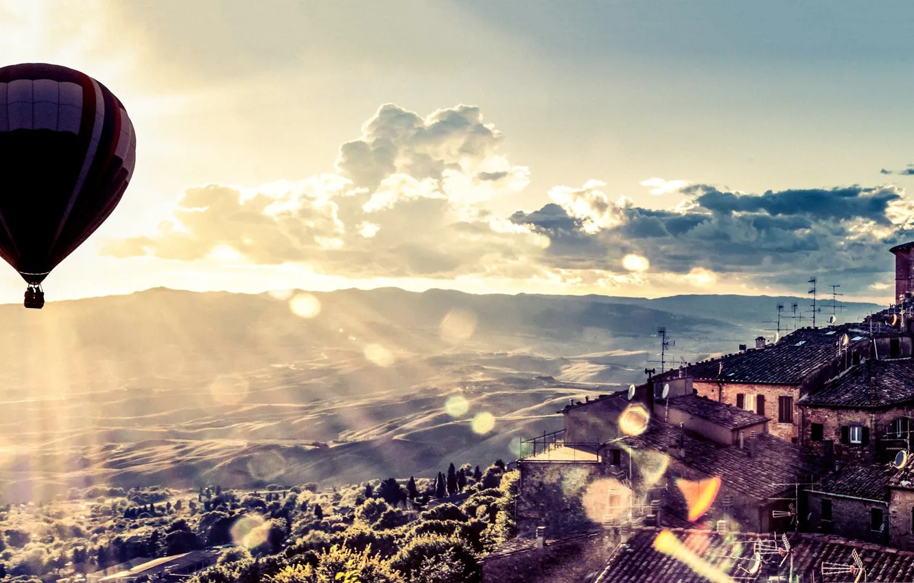 Photo wallpaper the sky, leaves, the sun, clouds, rays, trees, landscape, mountains