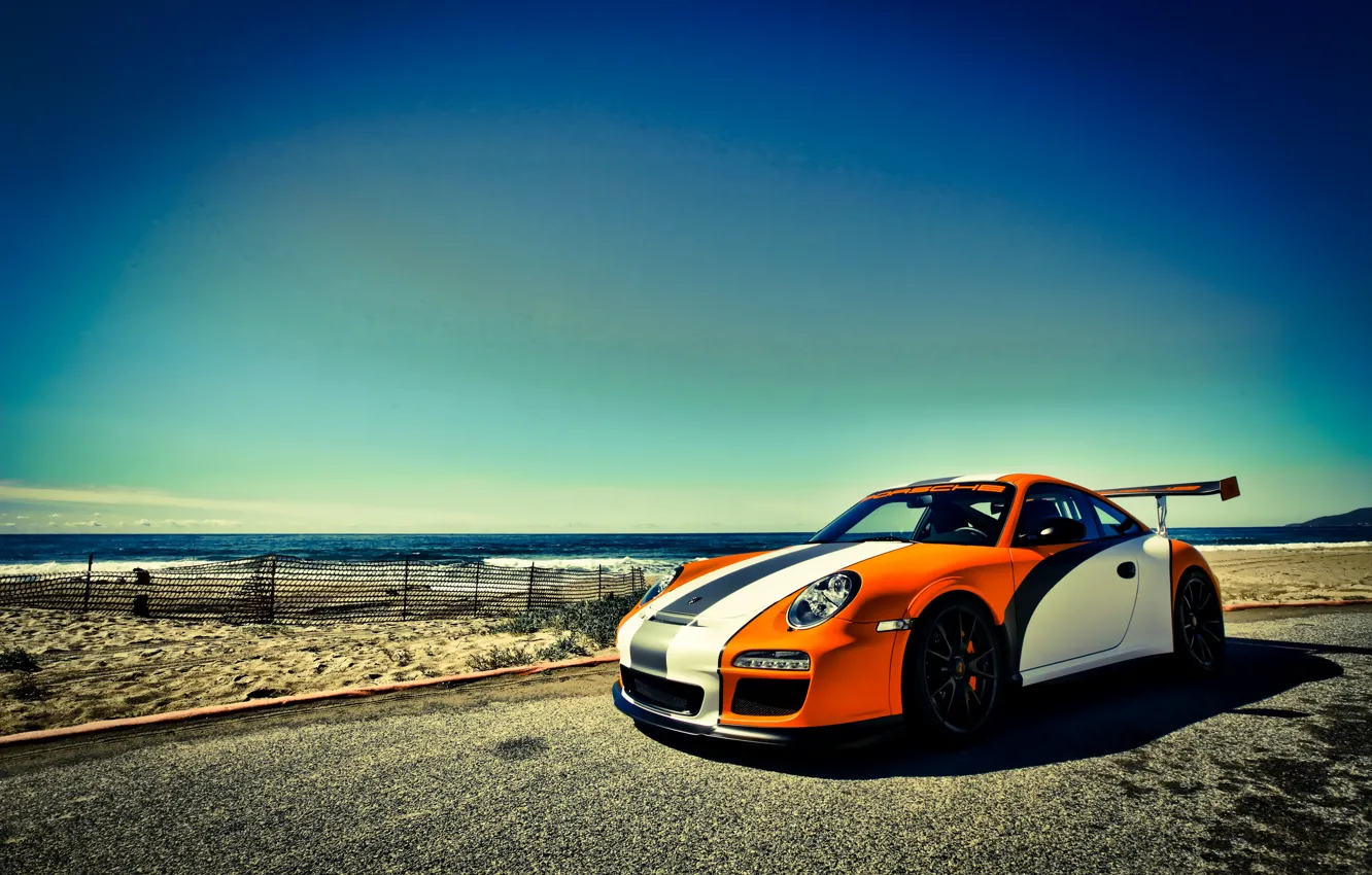 Photo wallpaper sea, the sky, orange, 911, Porsche, Porsche, GT3, orange