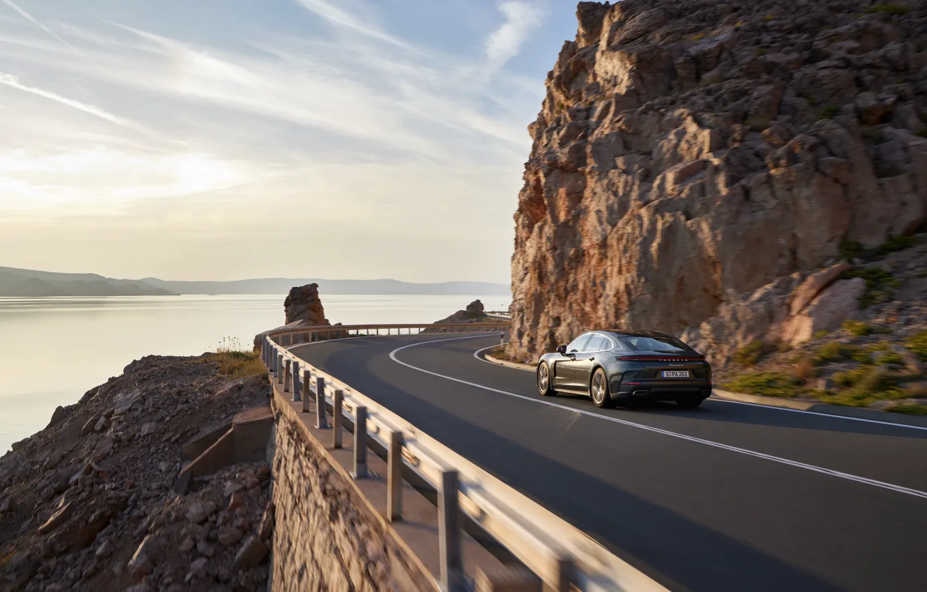 Photo wallpaper car, Porsche, Panamera, road, sky, Porsche Panamera 4