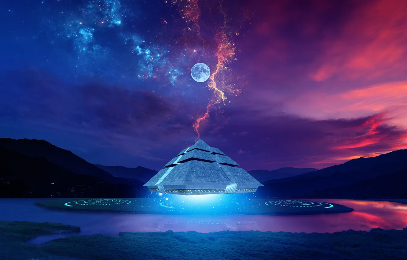 Photo wallpaper the sky, energy, clouds, mountains, night, lights, rendering, fiction