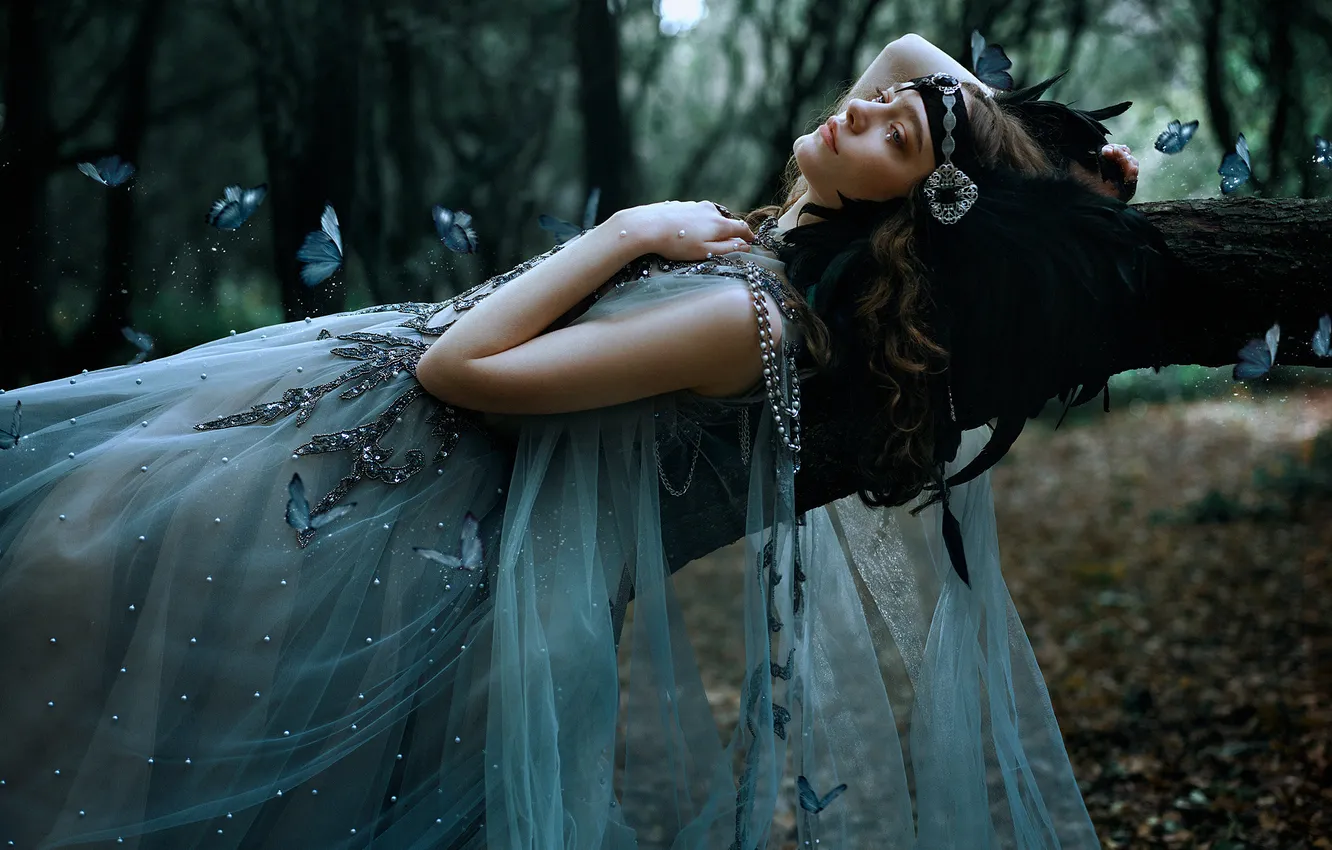 Photo wallpaper forest, girl, decoration, trees, nature, style, Park, blue