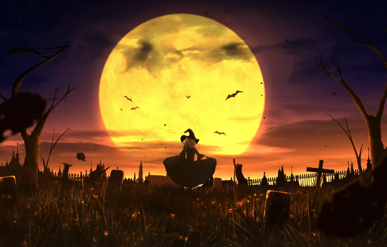 Photo wallpaper night, the moon, cemetery, witch, black cats, latomie mouse