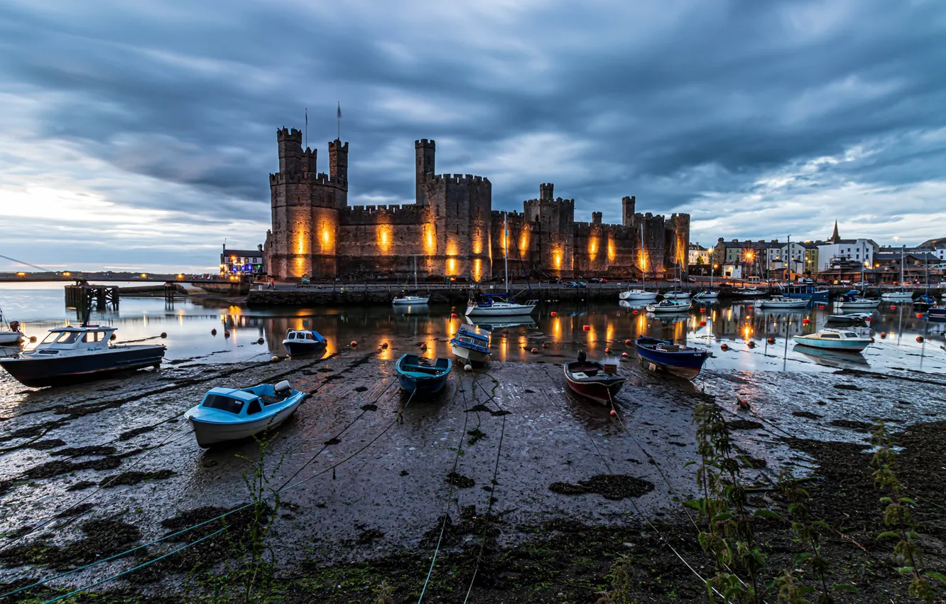 Photo wallpaper the sky, clouds, lights, castle, shore, boat, home, the evening