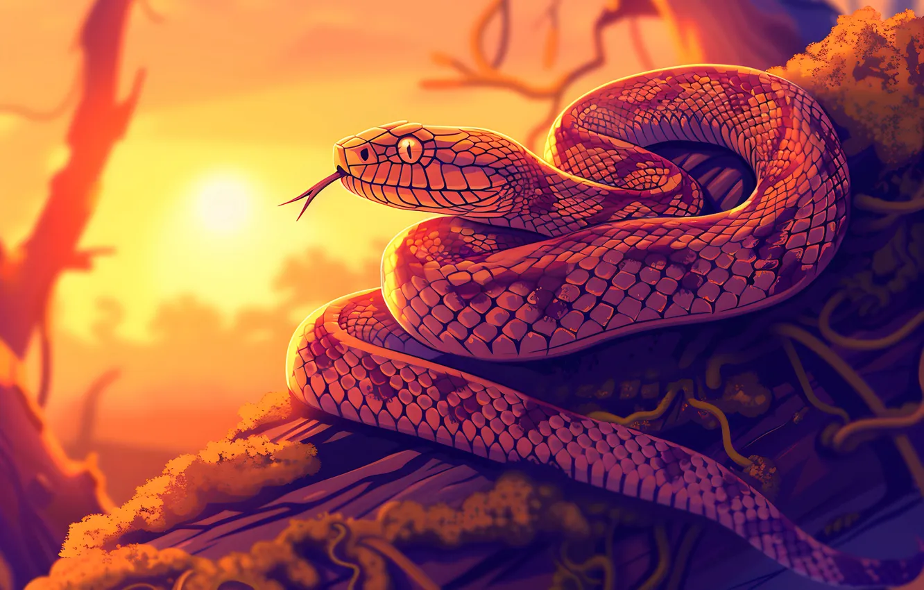 Photo wallpaper language, look, the sun, trees, animal, dawn, snake, art