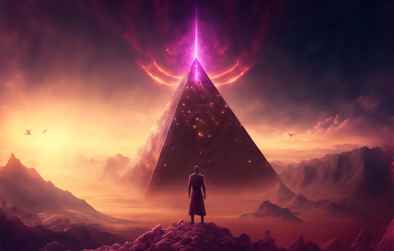Photo wallpaper light, fantasy, art, man, pyramid