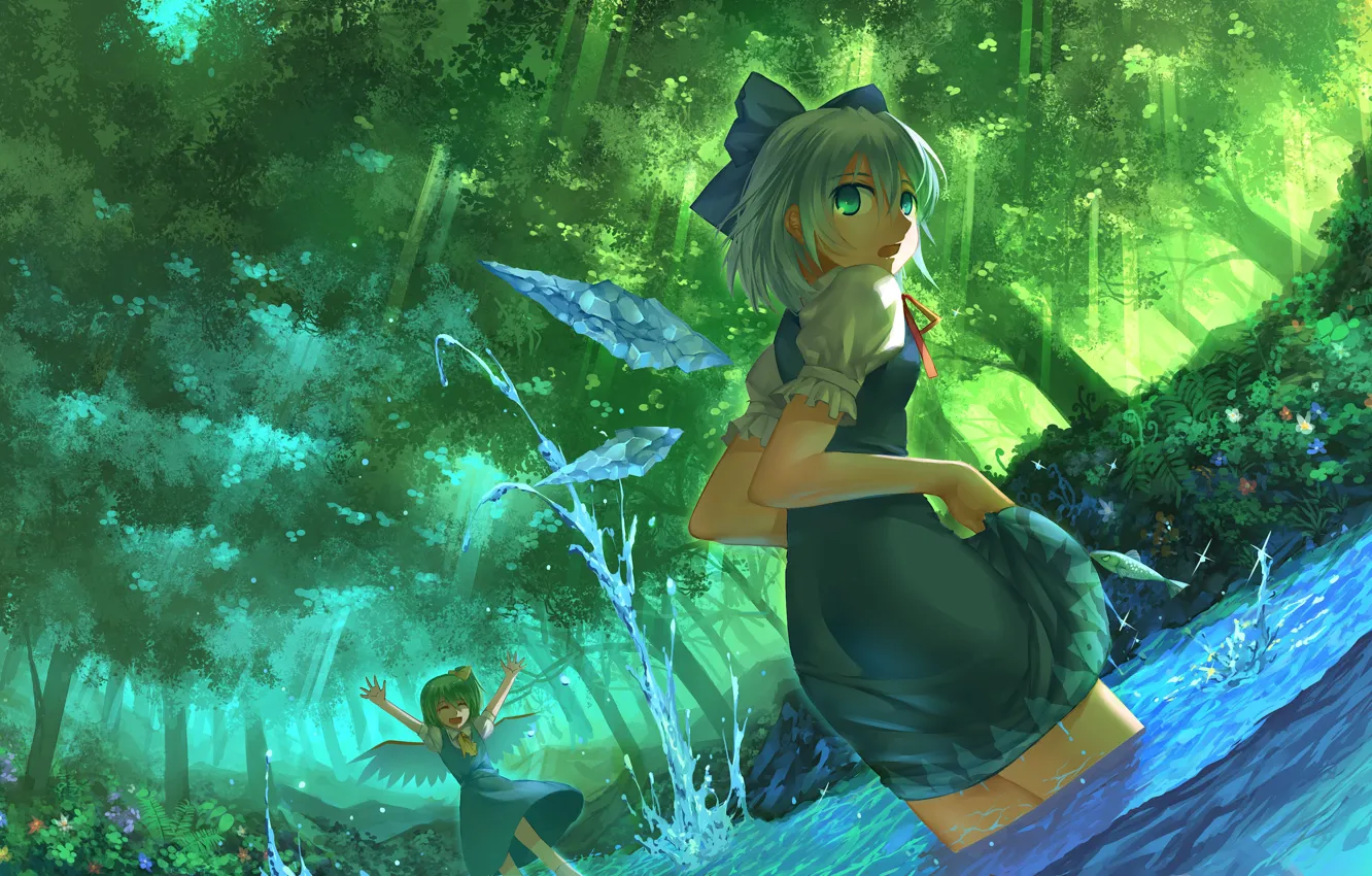 Photo wallpaper forest, fish, squirt, stream, wings, touhou, rays of light, art