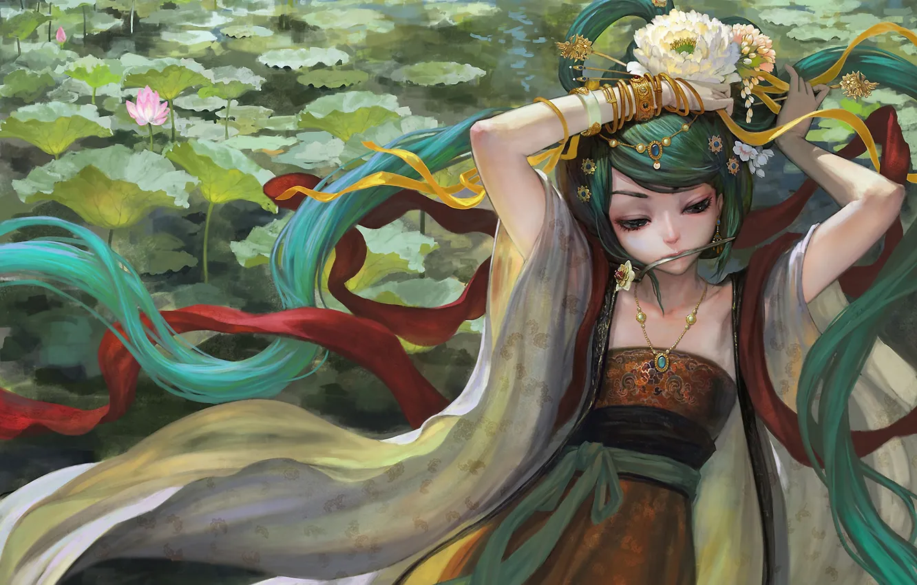 Photo wallpaper girl, flowers, style, anime, Lotus, hairstyle, vocaloid, hatsune miku