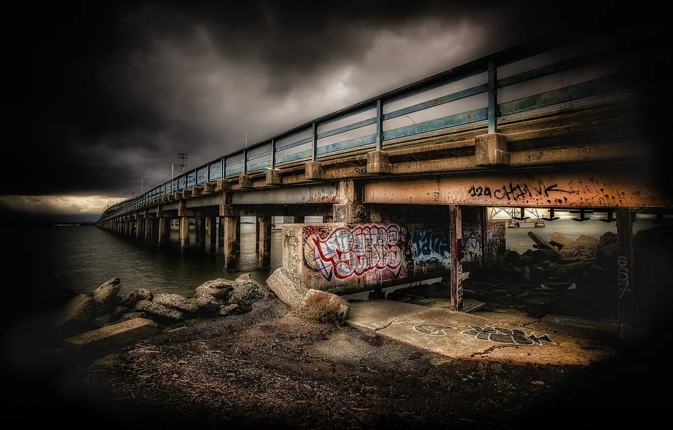 Photo wallpaper landscape, night, bridge, river