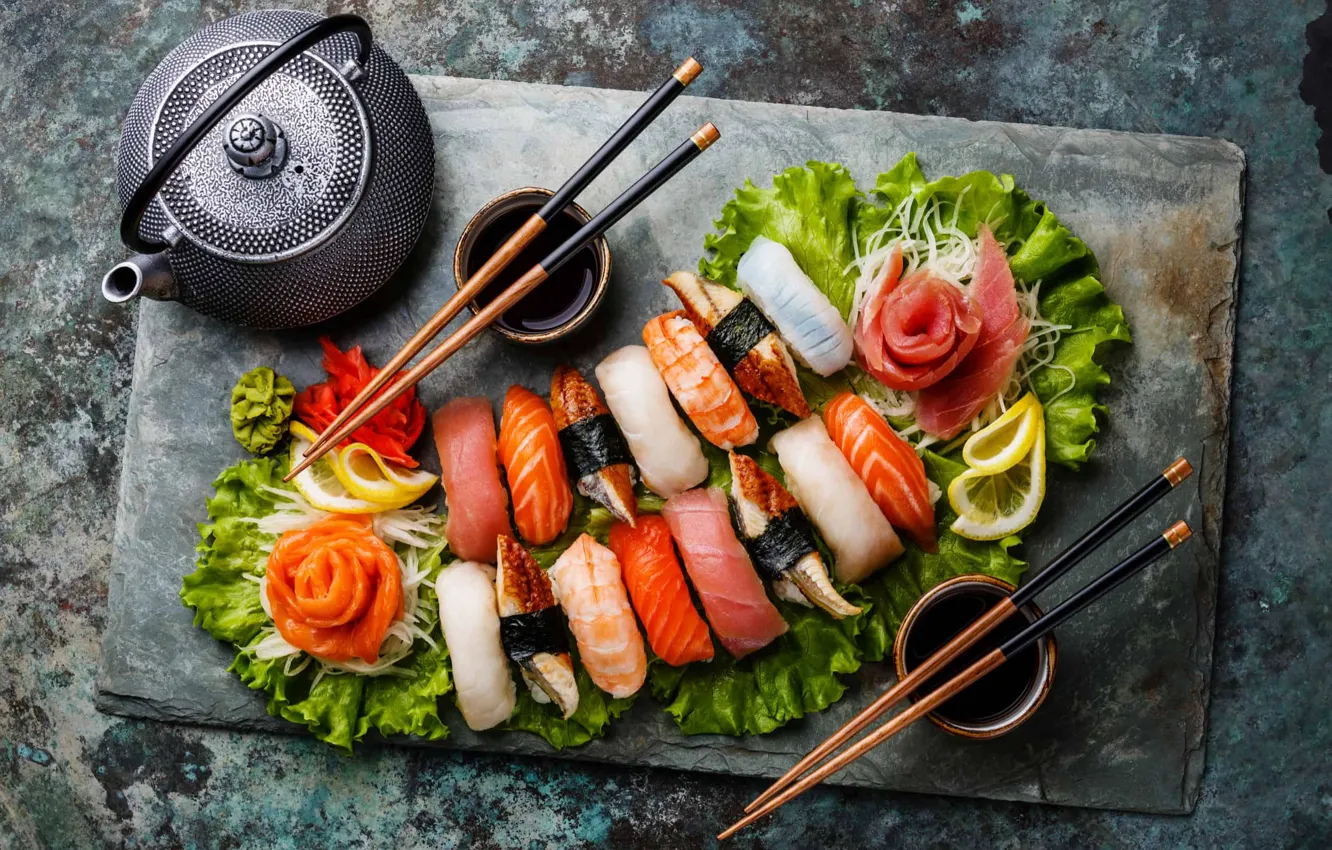 Photo wallpaper tea, fish, sticks, figure, sauce, sashimi
