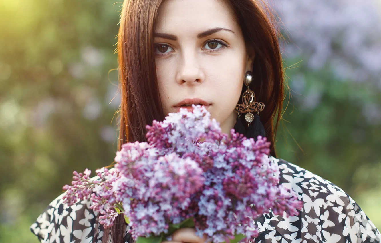 Photo wallpaper girl, sunset, flowers, spring, beautiful, woman, lilac, pretty