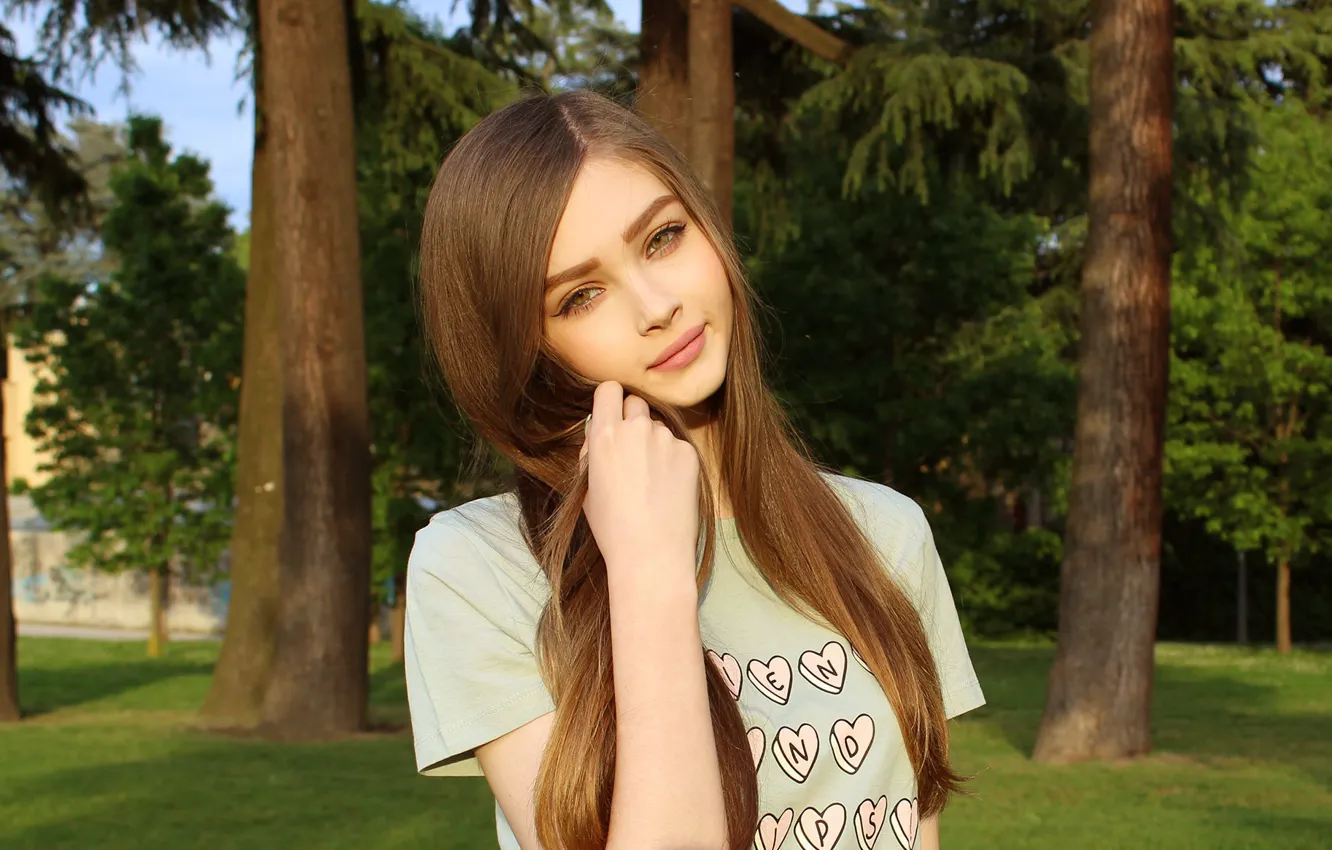 Photo wallpaper look, girl, trees, nature, smile, sweetheart, brown hair, beautiful