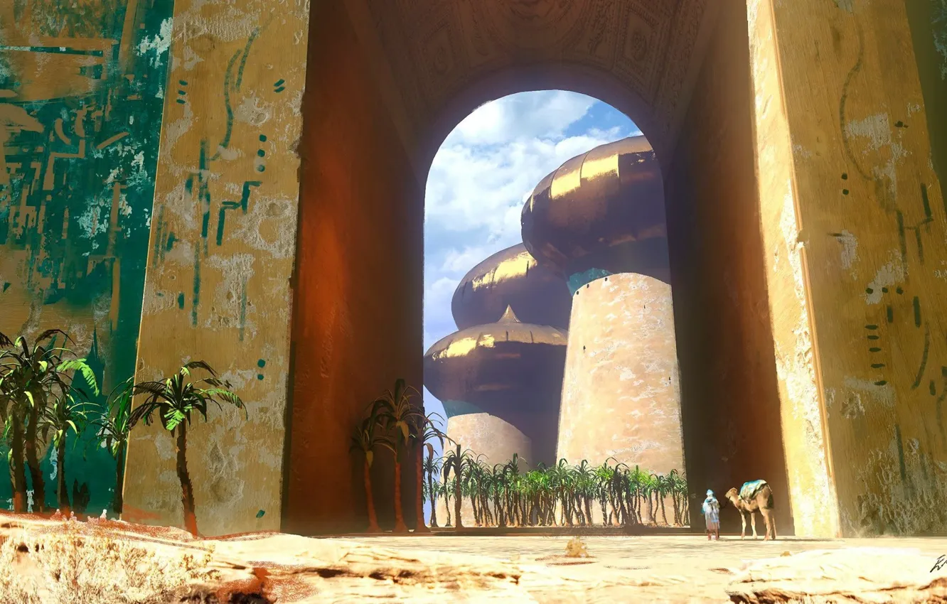 Photo wallpaper fantasy, desert, trees, walls, artist, digital art, artwork, fantasy art