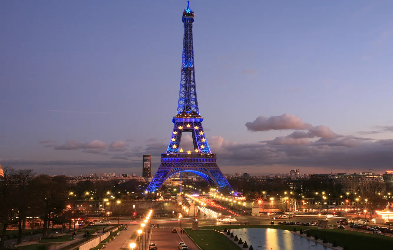 Photo wallpaper the sky, clouds, the city, lights, France, Paris, Eiffel tower, Paris