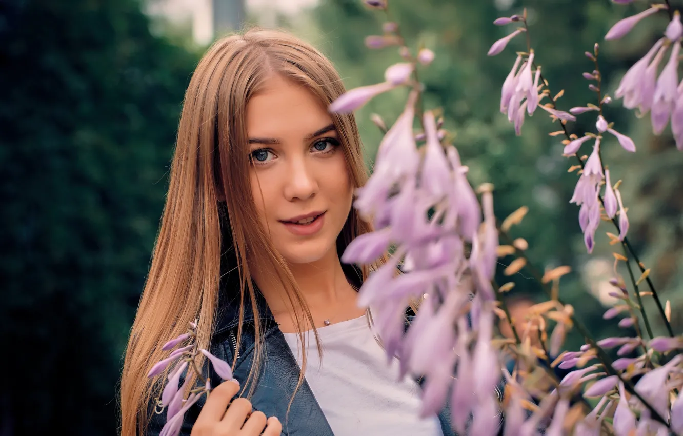 Photo wallpaper look, girl, flowers, branches, face, portrait, long hair, Grigory Pozdnyakov