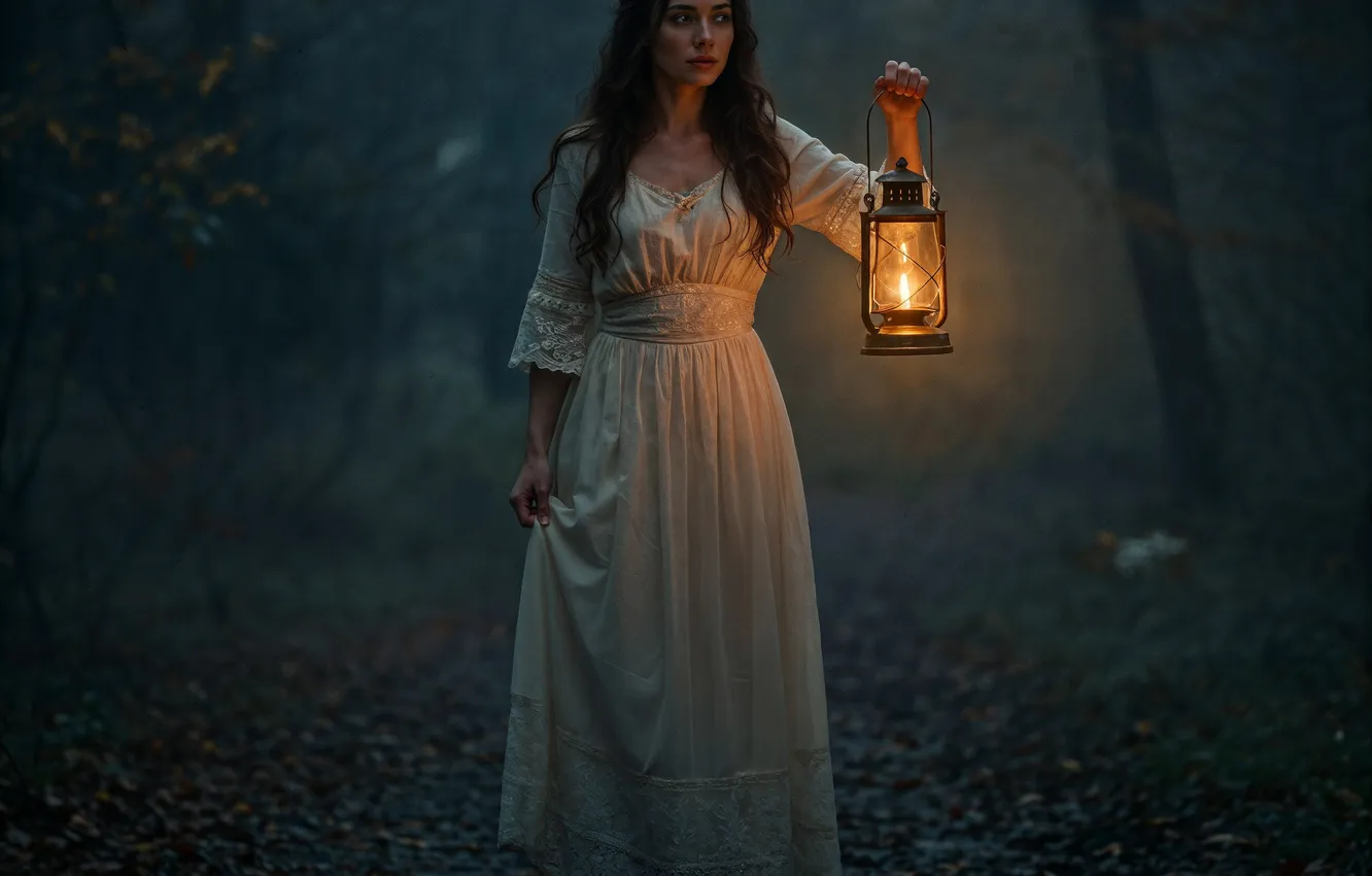 Photo wallpaper forest, girl, night, nature, pose, fog, darkness, glade