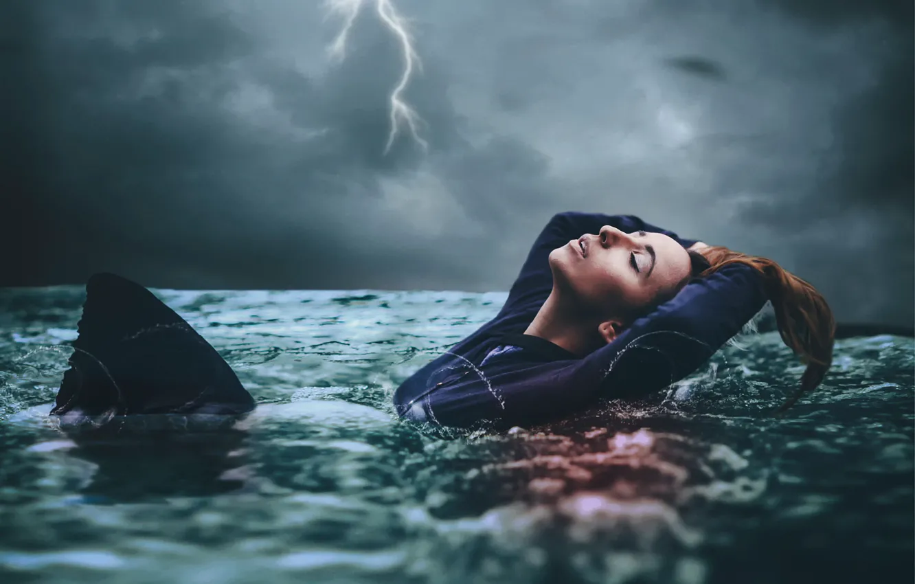 Photo wallpaper girl, storm, element, lightning, in the water, Amy Spanos, In too deep
