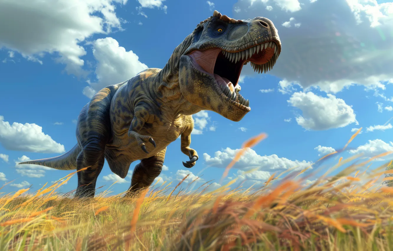 Photo wallpaper grass, clouds, animal, dinosaur, predator, teeth, grin, Tyrannosaurus