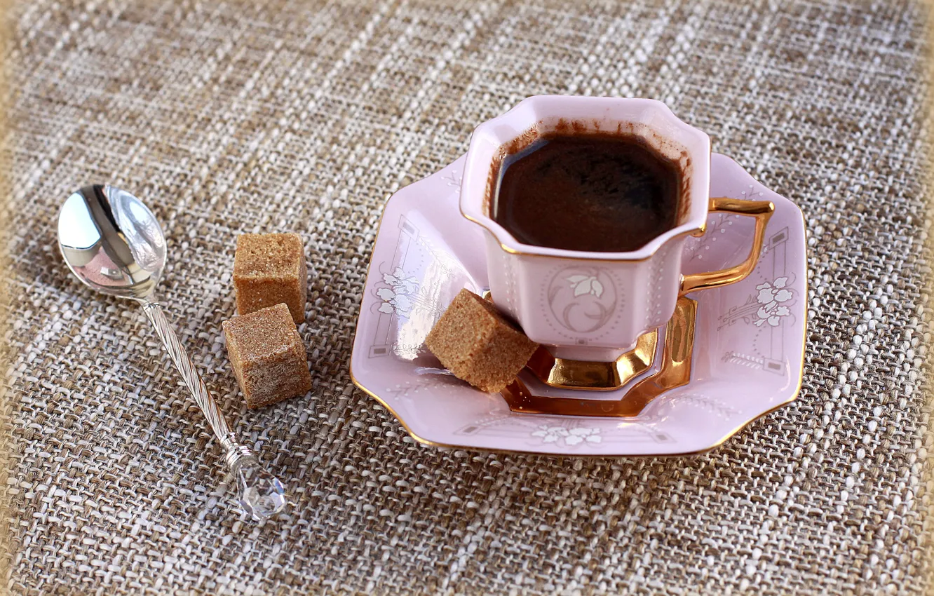 Photo wallpaper coffee, morning, pink, spoon, Cup, sugar, still life, porcelain