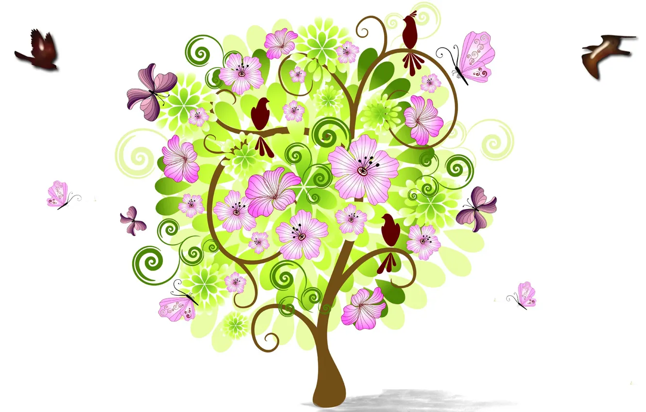 Photo wallpaper trees, flowers, collage, bird, spring