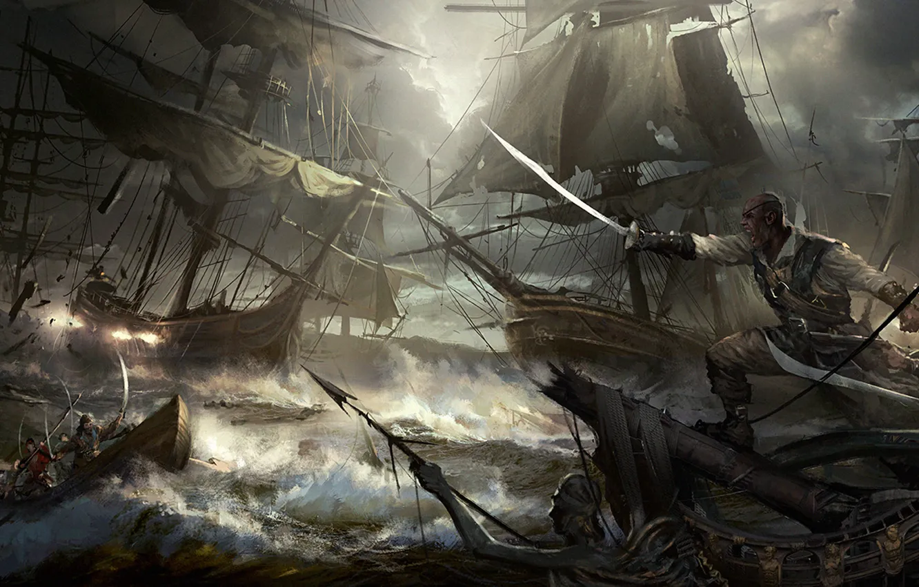 Photo wallpaper sea, boat, ships, storm, battle, pirates, saber