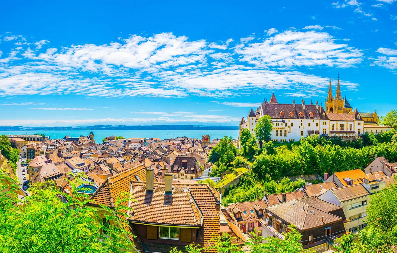 Photo wallpaper the sky, castle, home, Switzerland, roof, Neuchâtel