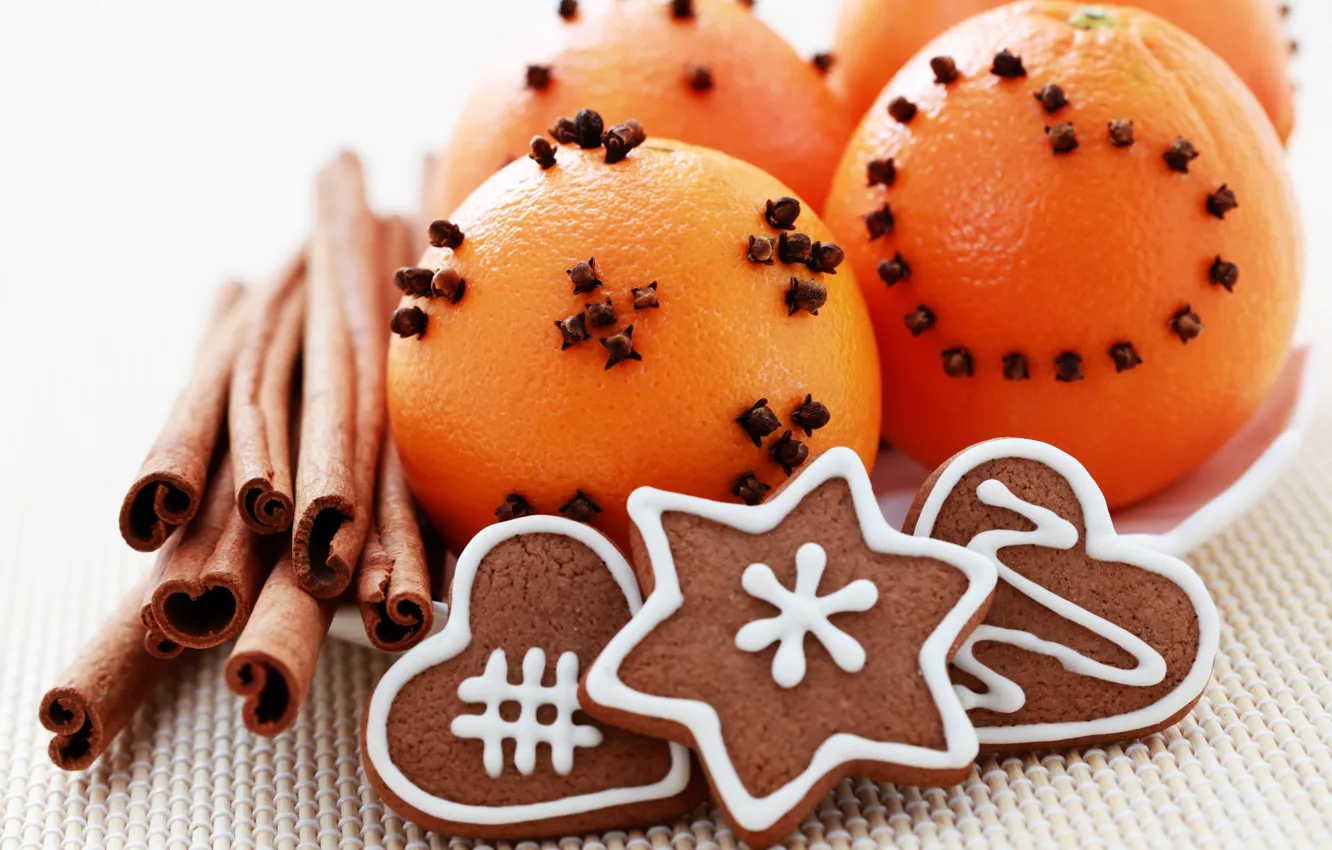 Photo wallpaper holiday, new year, cookies, the scenery, cinnamon, happy new year, tangerines, christmas decoration