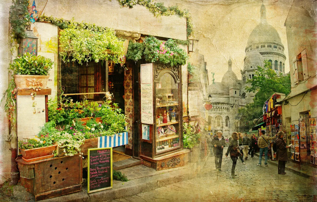 Photo wallpaper the city, street, small, restaurant, old, France, vintage, Old street