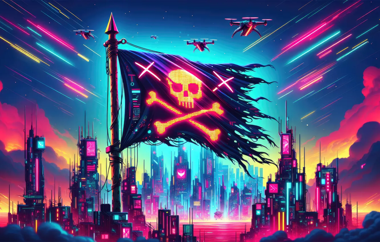 Photo wallpaper city, pirate, flag, scifi