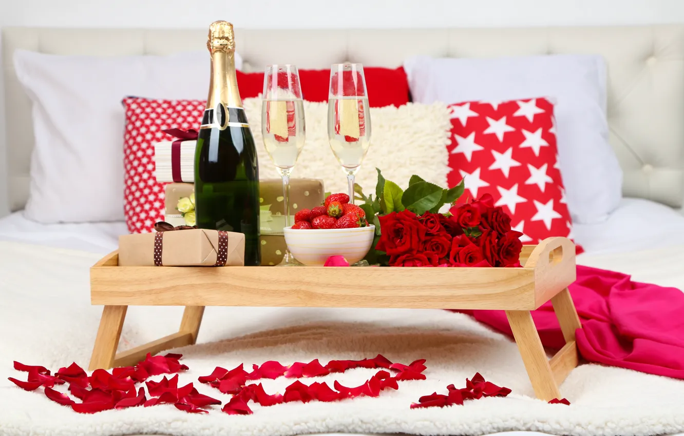 Photo wallpaper roses, petals, glasses, strawberry, gifts, champagne, Roses, Strawberry