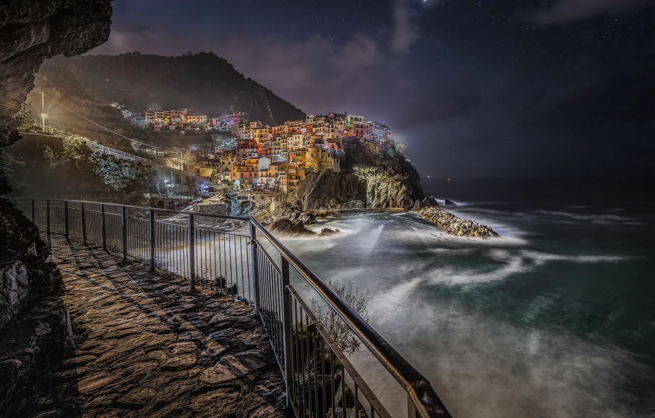 Photo wallpaper sea, rocks, coast, building, home, the evening, Italy, Italy