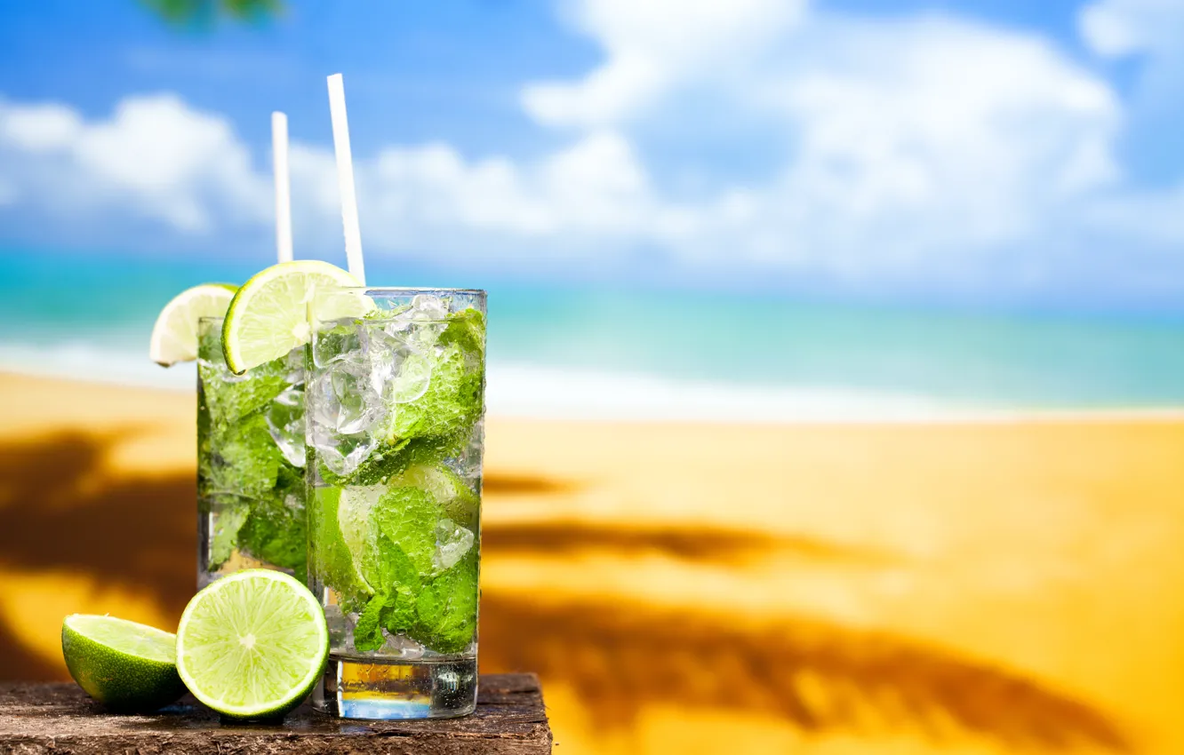 Photo wallpaper sea, beach, cocktail, lime, beach, fresh, sun, sand