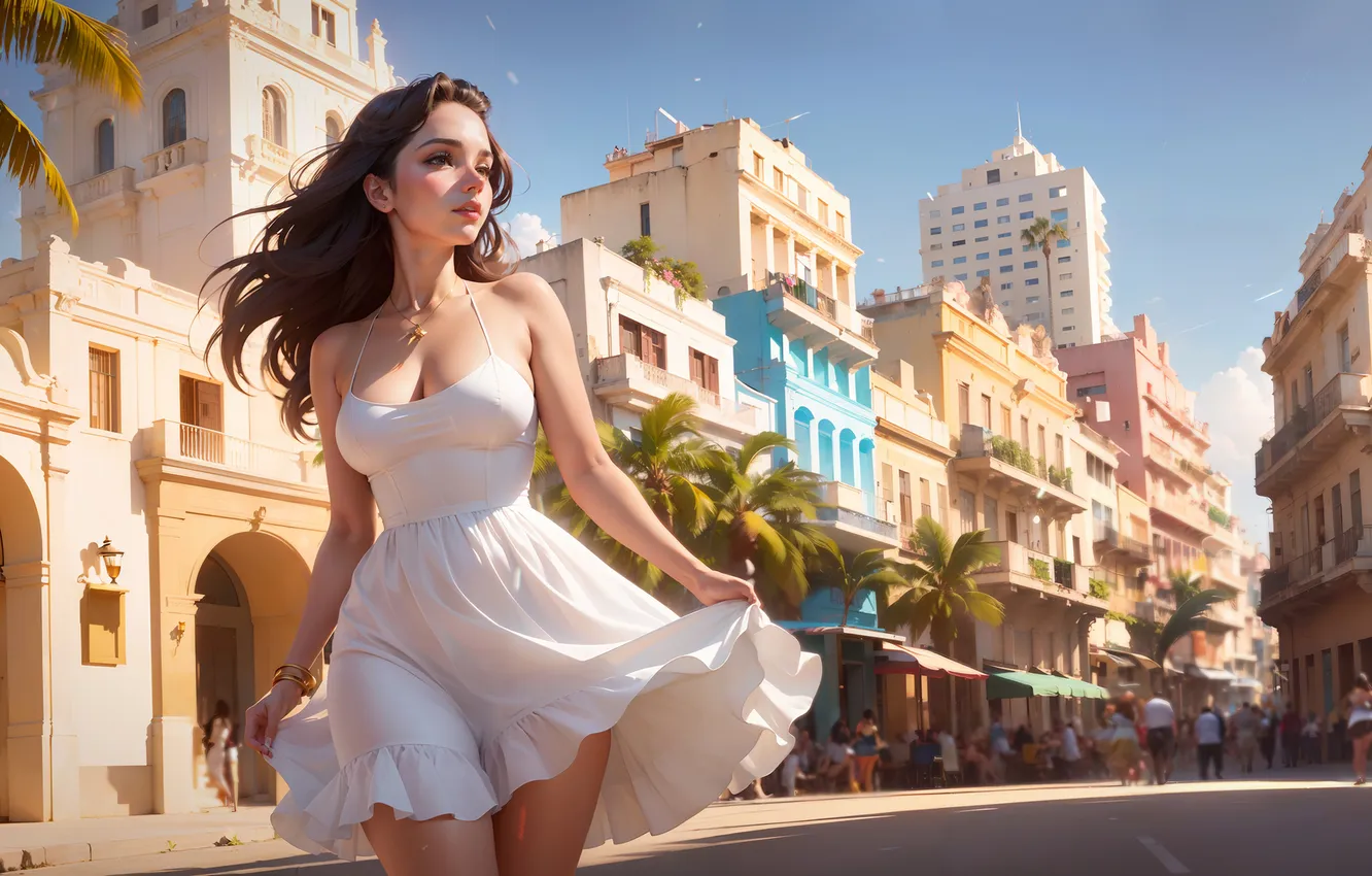 Photo wallpaper city, girl, dress, street, AI Art