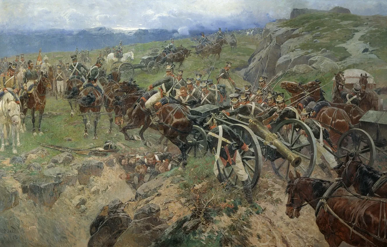 Photo wallpaper oil, picture, painting, army, living bridge, Franz ROUBAUD